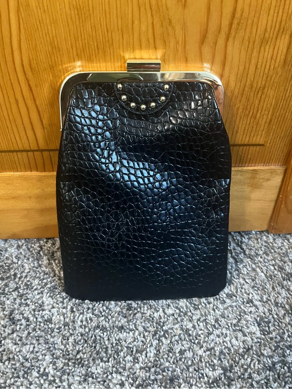 White House Black Market Black Croc-Embossed Frame Wristlet Clutch